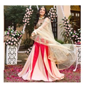 "Royal blue layered lehenga set for women with sleeveless blouse and dupatta"