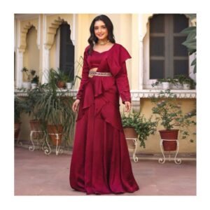Velvet Wine Red Designer Gown Set – A Toast to Elegance
