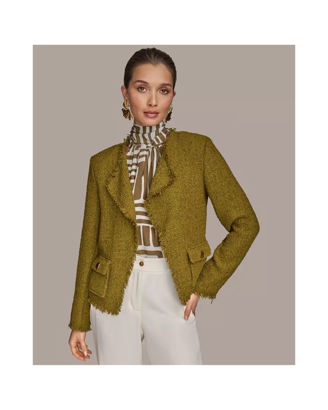 Olive Texture Frayed-Edge Blazer – Effortless. Edgy. Elevated.