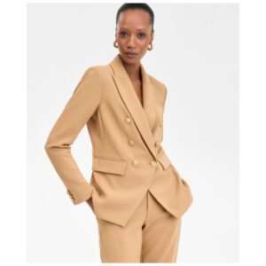 Camel Double-Breasted Power Blazer with Gold Buttons