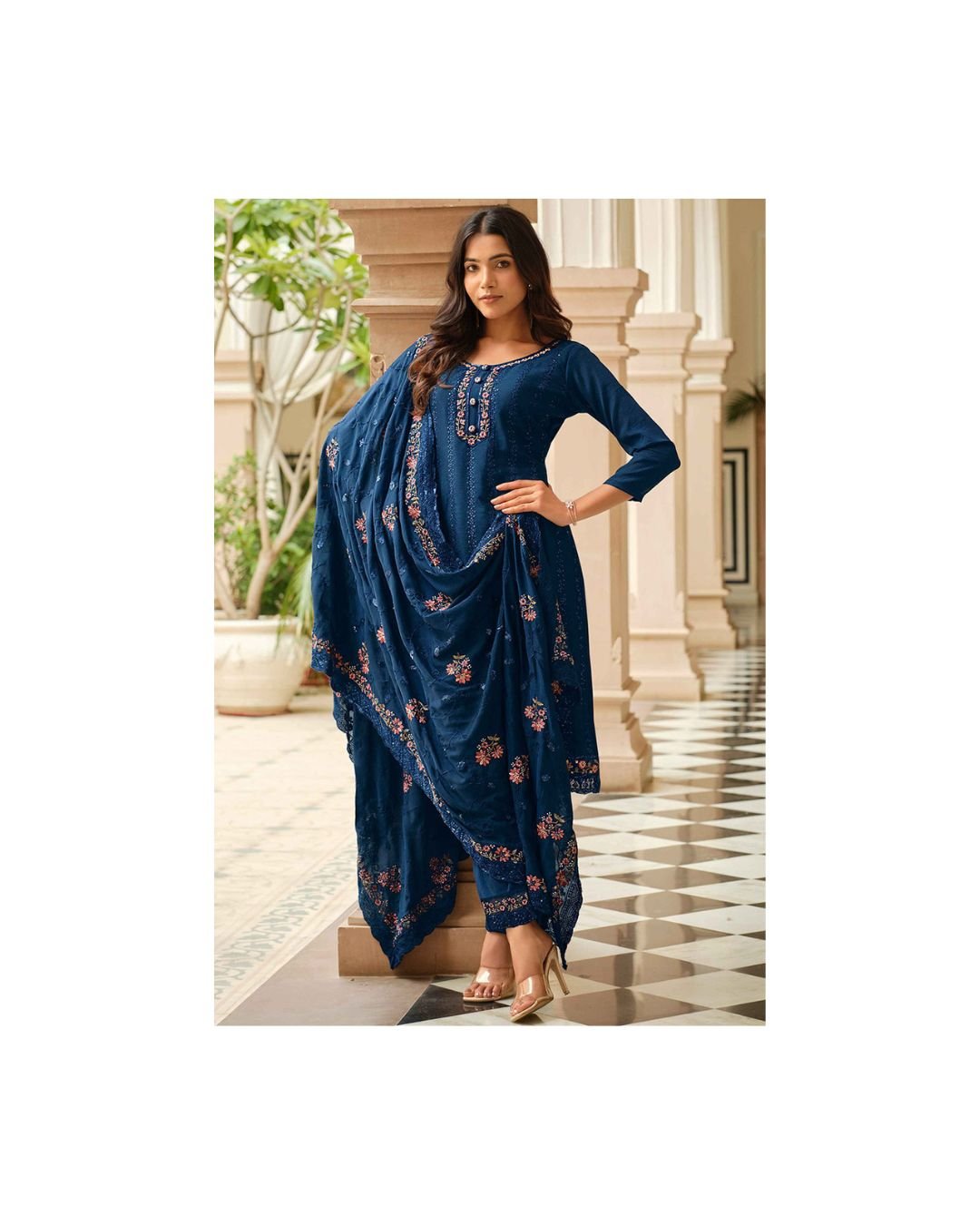 Deep Sea Blue Chinnon Embroidered Straight-Cut Suit Set