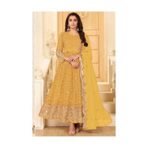 Mirror Embroidered Yellow Georgette Anarkali Suit Set
