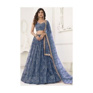 Pastel Dark Blue Mirror Embroidered Lehenga