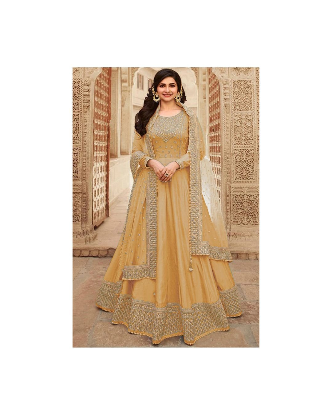 mustard yellow embroidered Anarkali suit