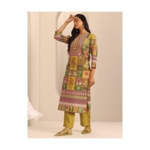 Olive Multi-Block Printed Straight Kurta Set with Printed Pants