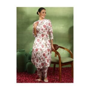 White Floral Printed Straight Kurta Set with Pants