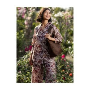 Pastel Beige Floral Co-ord Set with Shirt and Wide-Leg Pants