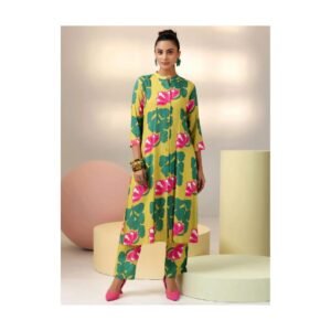 Lime Yellow Bold Floral Co-ord Set with Shirt Kurta and Pants
