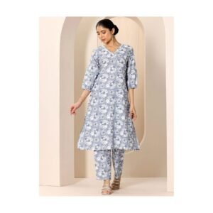 Sky Blue Floral Printed A-Line Kurta Set with Straight Pants