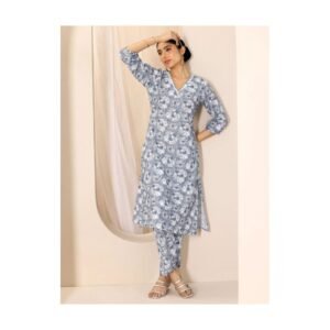 Sky Blue Floral Printed A-Line Kurta Set with Straight Pants