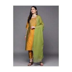 Mustard Yellow Silk Blend Embroidered Kurta Set with Green Dupatta