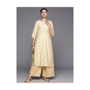 Pastel Yellow Printed Cotton Kurta with Palazzo Set for Women