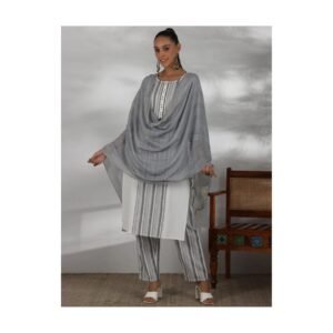 White & Grey Striped Cotton Kurta Set with Dupatta for Women