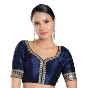 Navy blue silk designer blouse with golden embroidery and half sleeves"