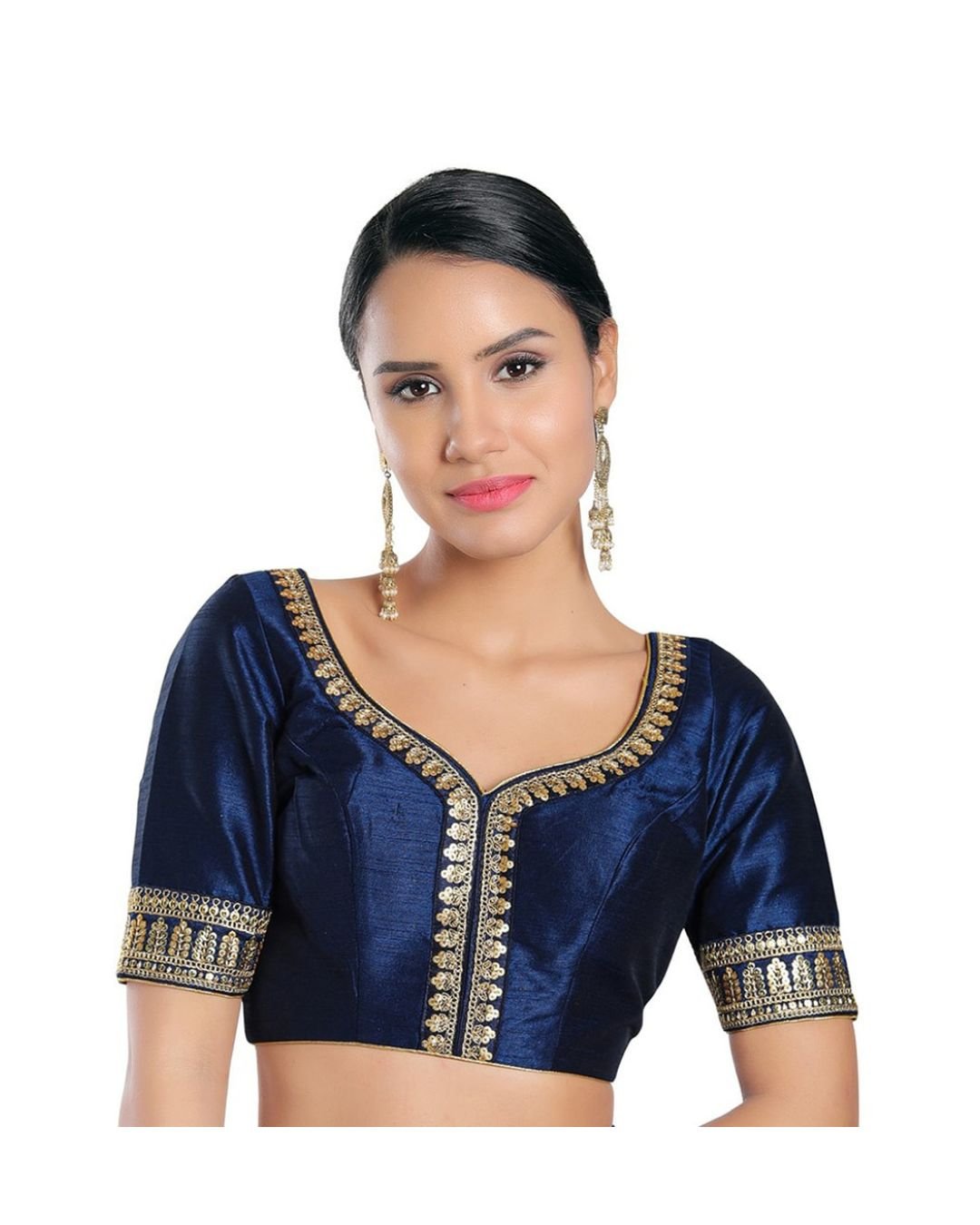 Navy blue silk designer blouse with golden embroidery and half sleeves"