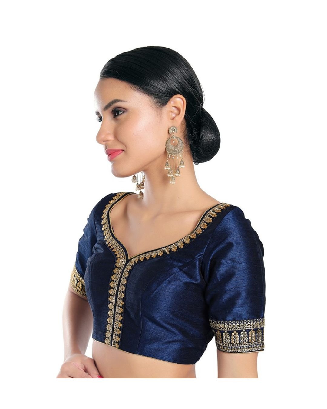 Navy Blue Silk Readymade Blouse with Golden Zari Work - Image 2
