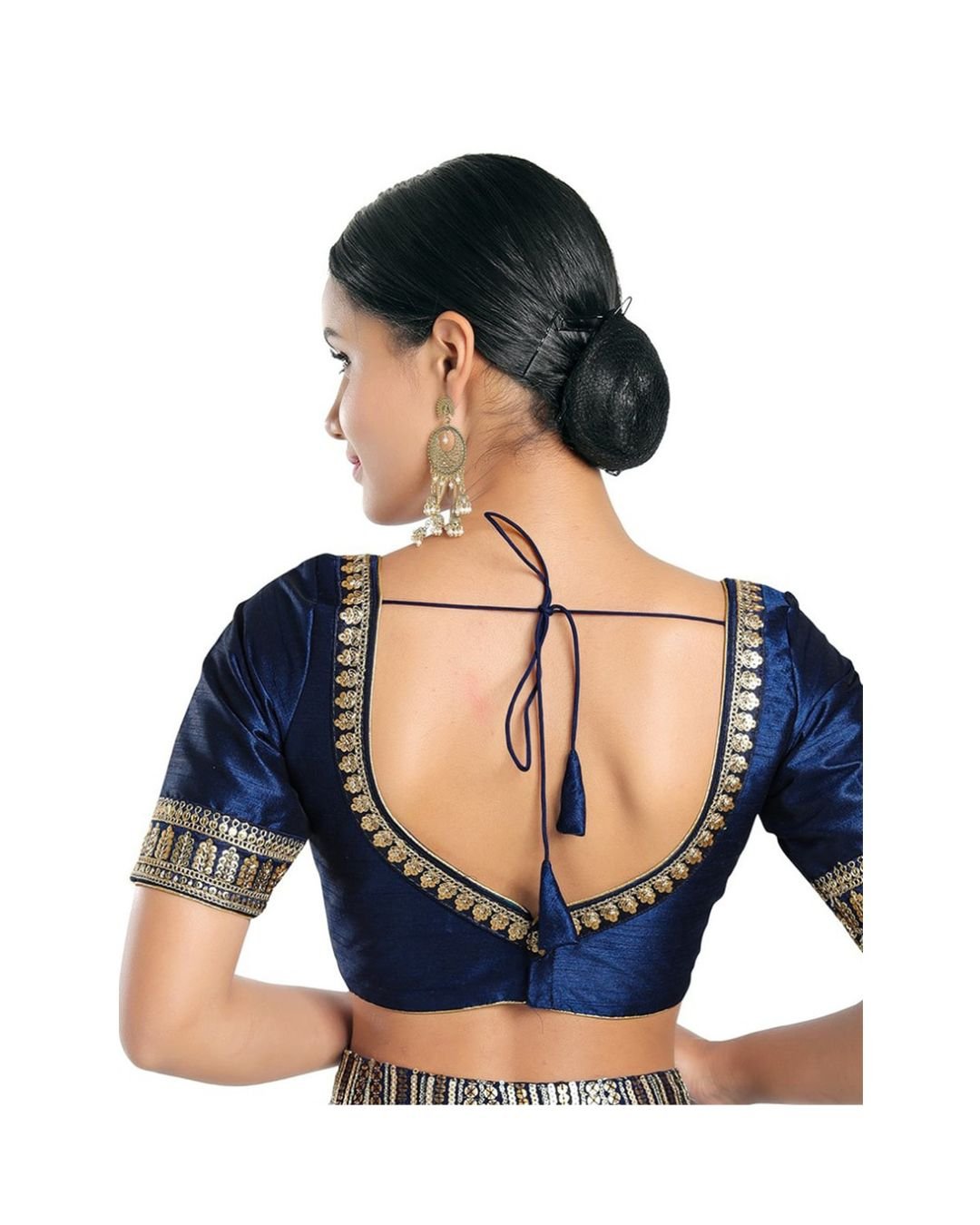 Navy Blue Silk Readymade Blouse with Golden Zari Work - Image 3