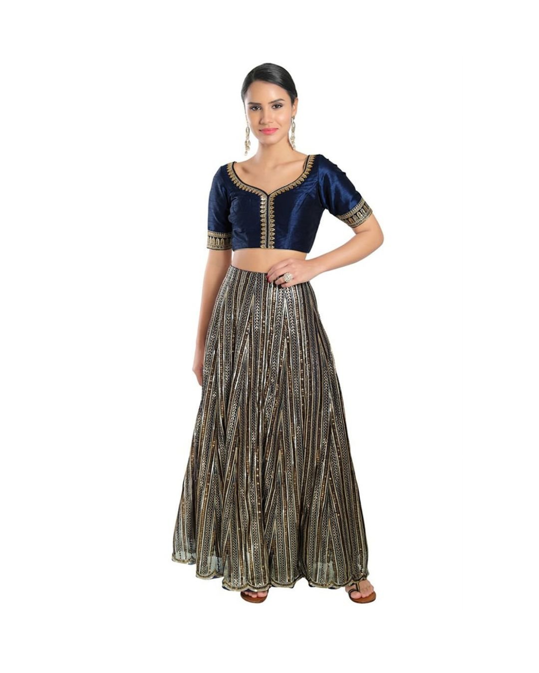 Navy Blue Silk Readymade Blouse with Golden Zari Work - Image 4