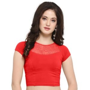 "Red net yoke blouse for women – stylish short sleeve crop top for saree or lehenga"