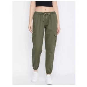 "Olive green cargo jogger pants for women with pockets and drawstring waist"