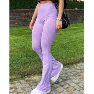 Lavender High-Waisted Ribbed Flared Pants