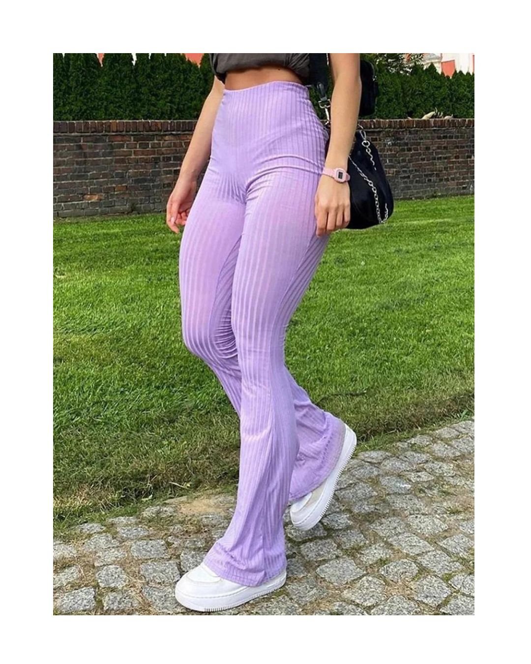 Lavender High-Waisted Ribbed Flared Pants