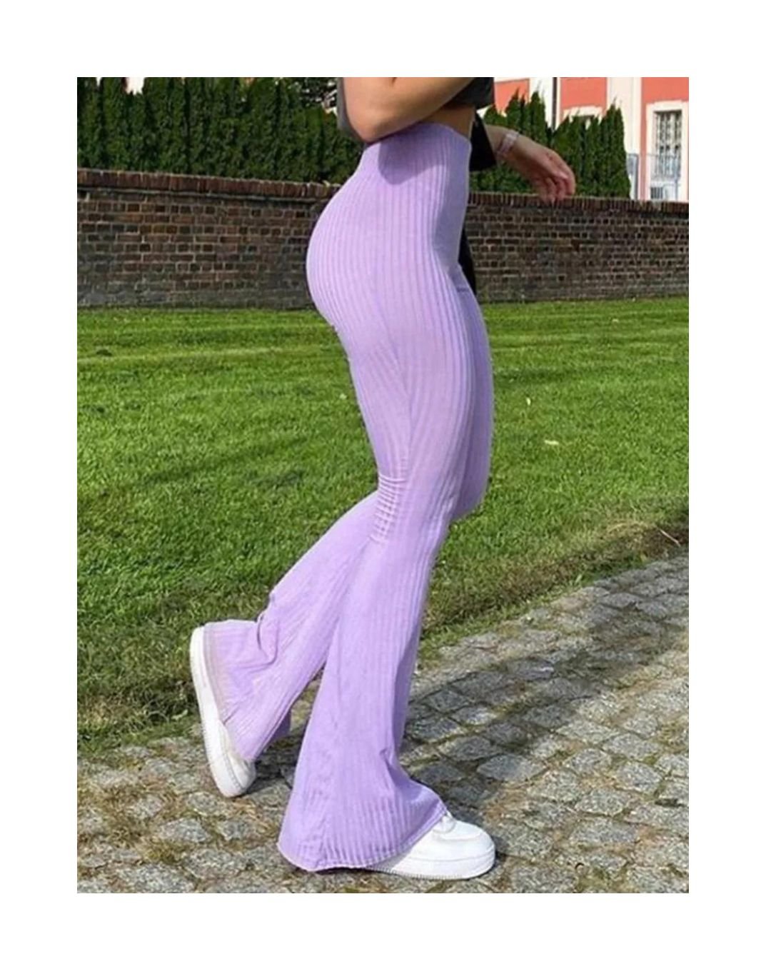 Lavender High-Waisted Ribbed Flared Pants - Image 5