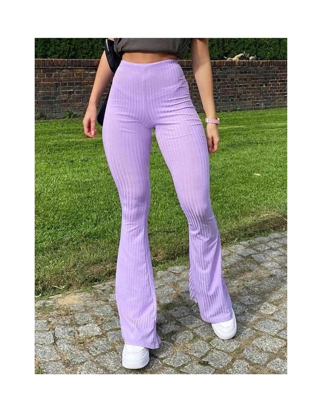 Lavender High-Waisted Ribbed Flared Pants - Image 7