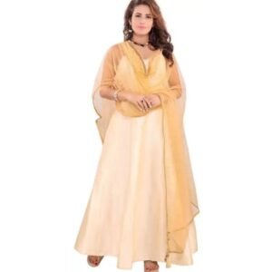 Golden Beige Sleeveless Anarkali Gown Set with Net Dupatta