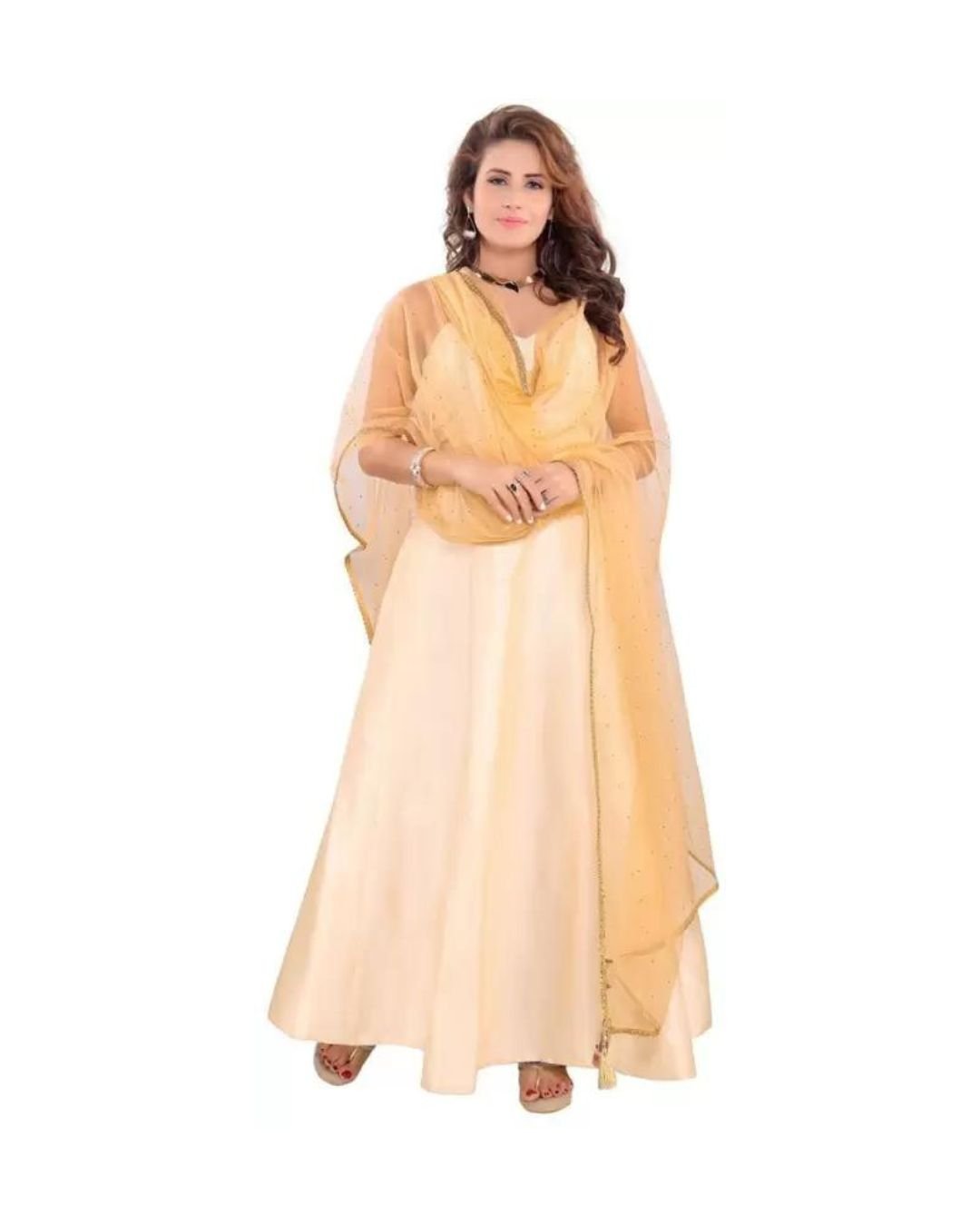 Golden Beige Sleeveless Anarkali Gown Set with Net Dupatta