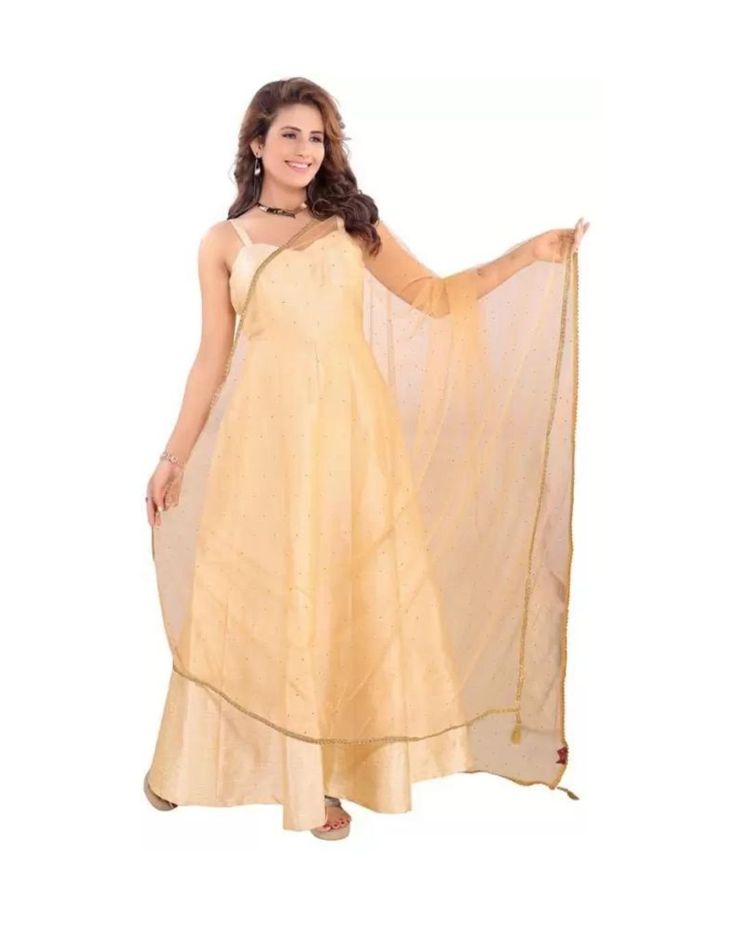 Golden Beige Sleeveless Anarkali Gown Set with Net Dupatta - Image 2