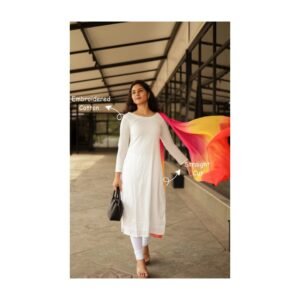 White Embroidered Cotton Straight-Cut Kurta with Ombre Dupatta – Elegant Ethnic Wear for Women