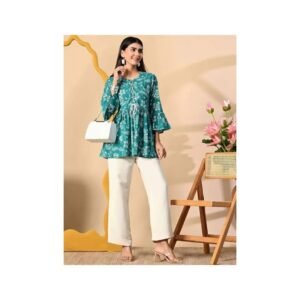 Teal Floral Printed Flared Top with Bell Sleeves – Effortless Everyday Chic