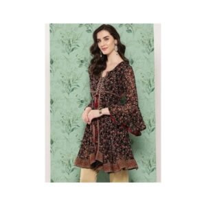 Black & Maroon Floral Printed Short Kurta with Bell Sleeves – Elegant Boho Fusion