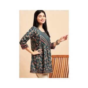 Teal & Rust Floral Printed Short Kurta – Casual Comfort with Ethnic Charm
