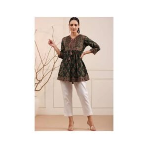 Dark Green & Rust Floral Yoke Short Kurta – Effortless Ethnic Elegance
