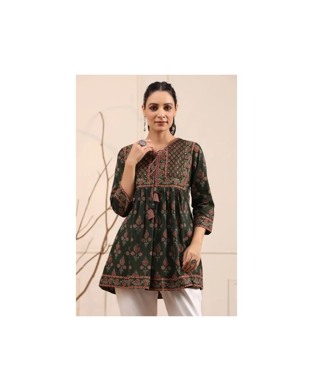 Dark Green & Rust Floral Yoke Short Kurta – Effortless Ethnic Elegance - Image 4