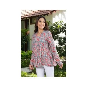 Pastel Grey & Coral Paisley Print Short Kurta – Chic & Comfortable Everyday Wear