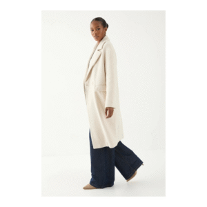 Women's cream woolen longline winter coat with wide lapels
