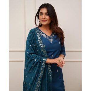 Blue Embroidered Anarkali Suit Set with Dupatta for Women